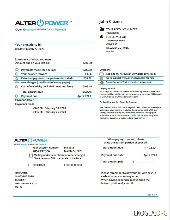 Malta AlterPower Malta proof of address utility bill template in Word and PDF format